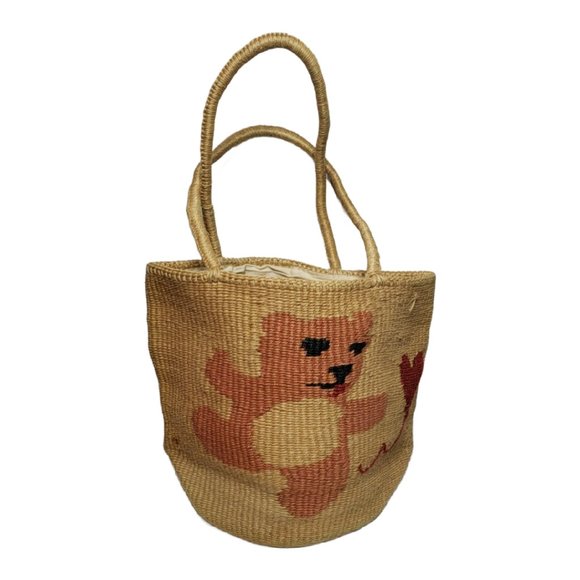 Woven Jute Tote Bag with Teddy Bear Chasing Heart Balloon Embroidery - Picture 3 of 6